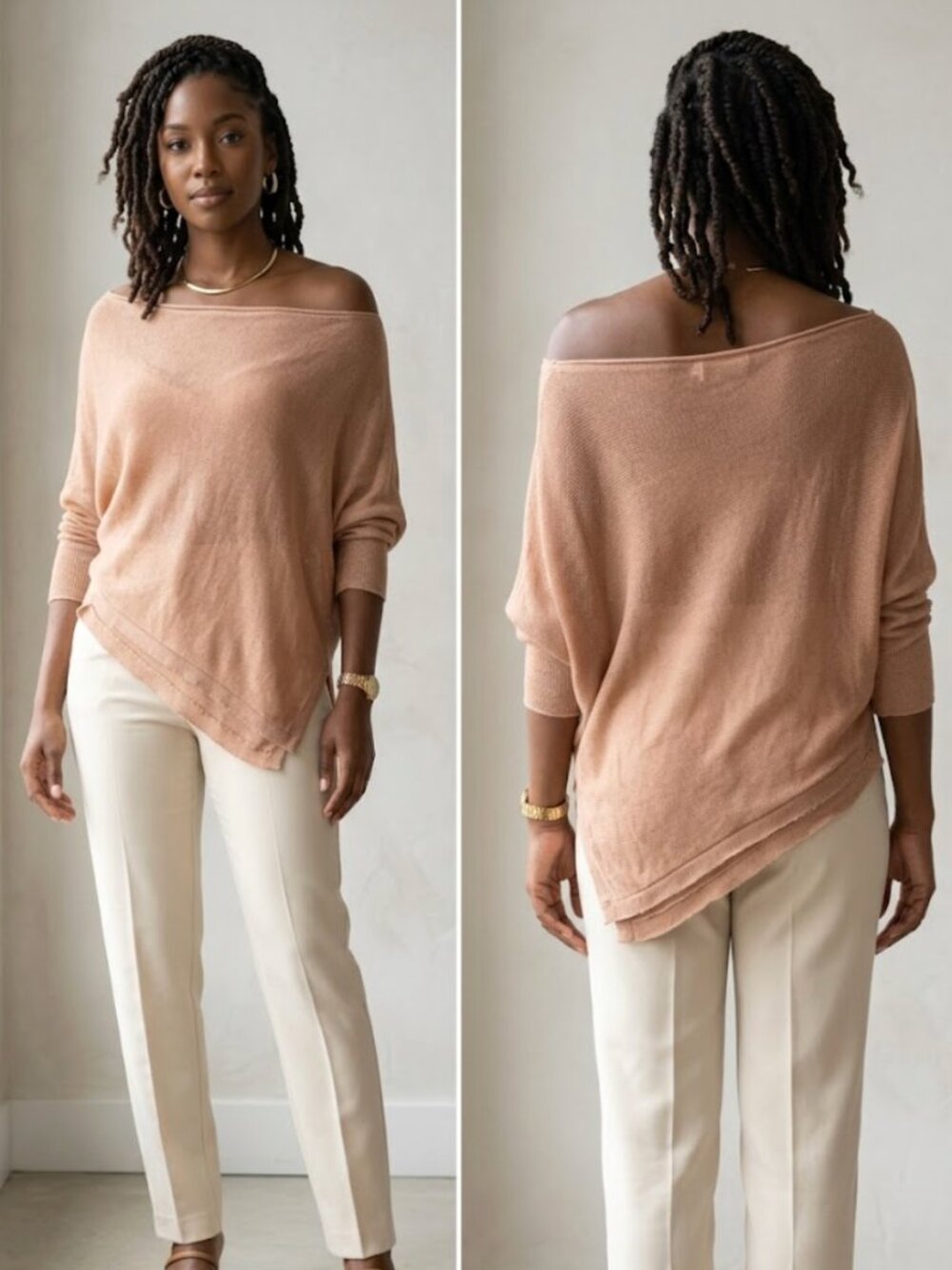 BCBG Asymmetrical Off The Shoulder Beige Mesh Lightweight Drape Knit Sweater XS
